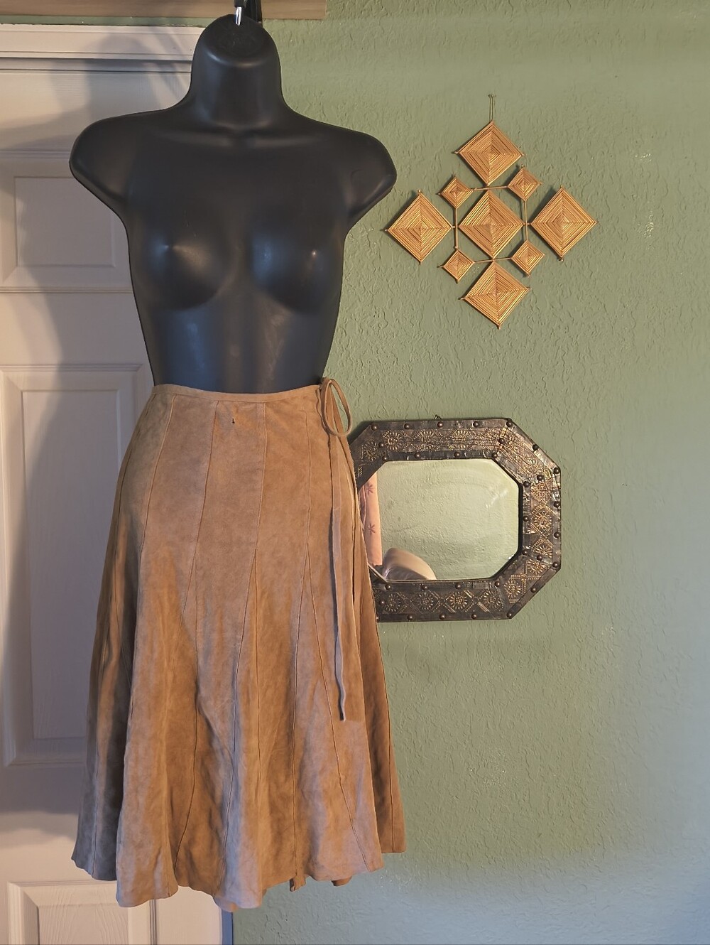 DKNY Camel Brown 100% Suede Leather Paneled Wrap Midi Skirt As-Is Size 4